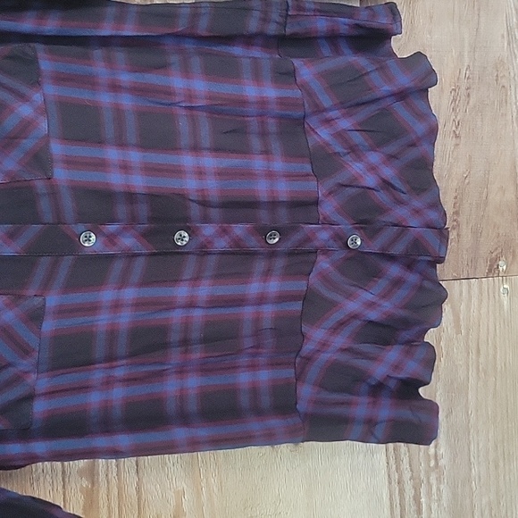 CAbi Medium Blue, Black, and Maroon Plaid Peplum Button Front Shirt - Picture 3 of 7